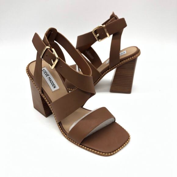 Steve Madden Womens Lighten Platform Sandal Leather Buckle Cognac 7 New - Picture 2 of 10